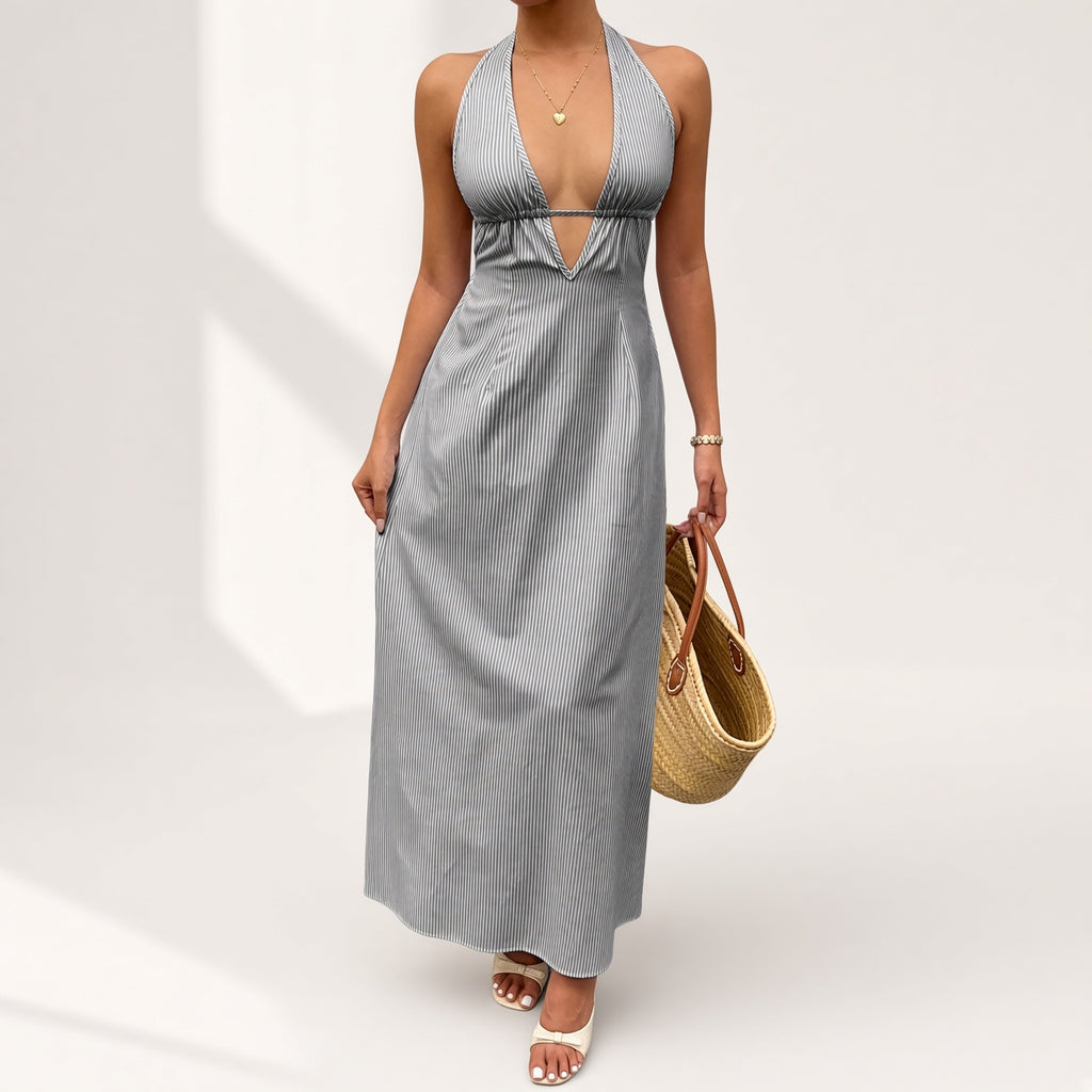Striped Cutout Halter Maxi Dress