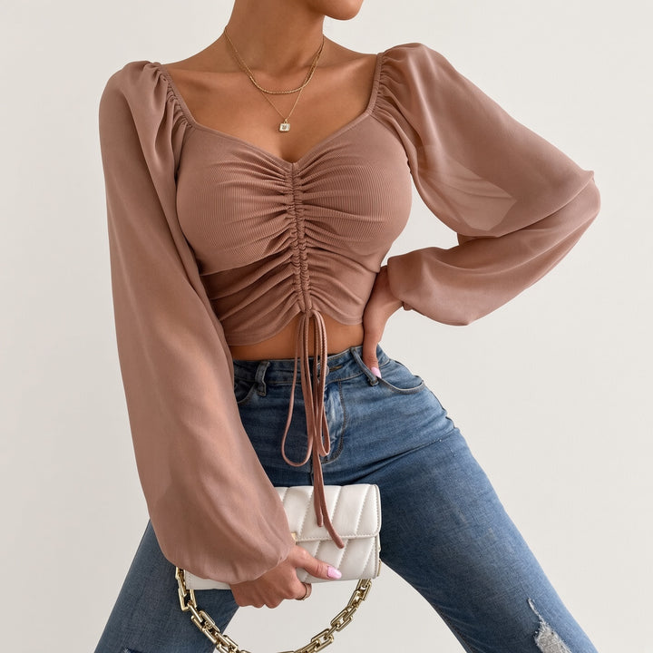 Soft Sheer Puff Sleeve Ruched Crop Top