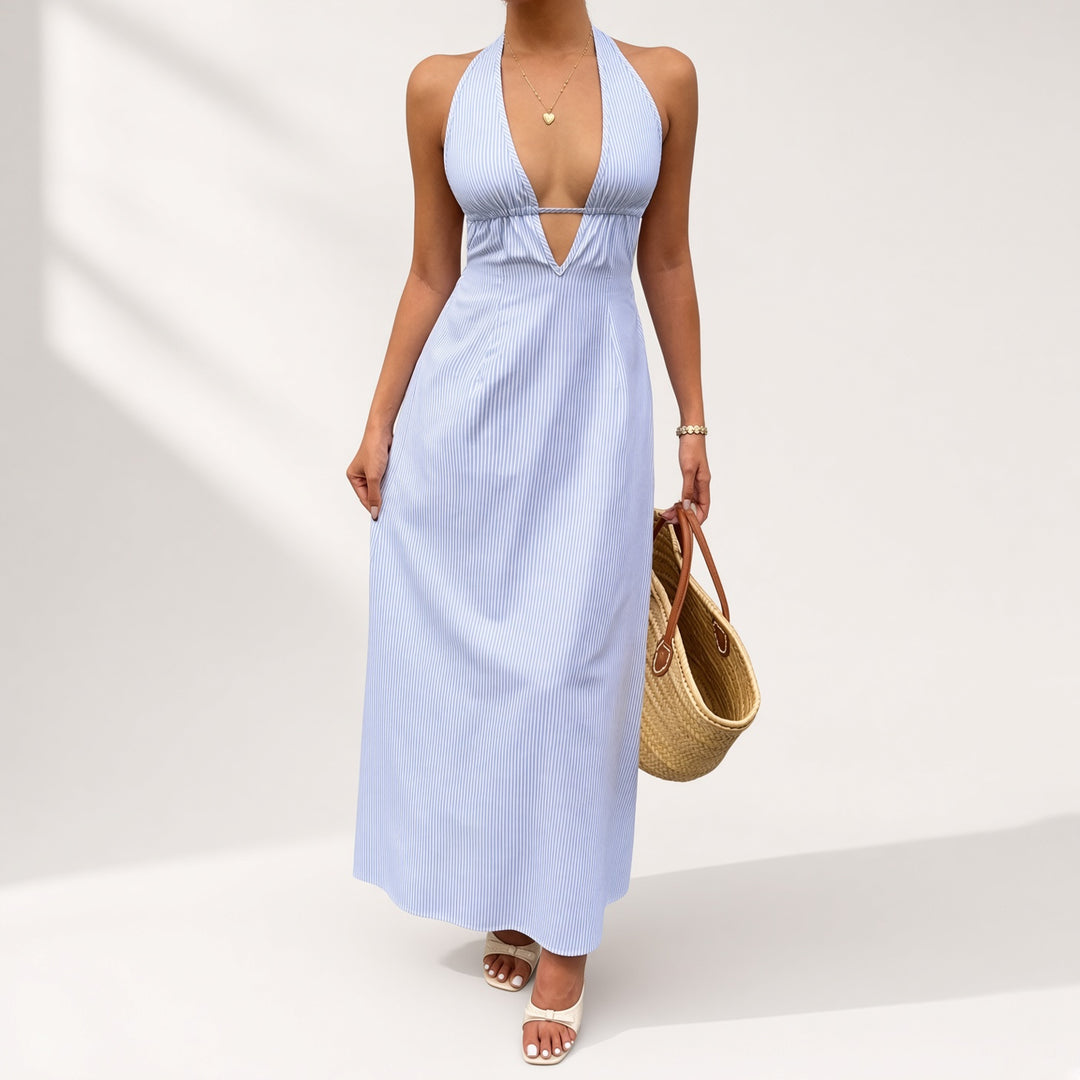 Striped Cutout Halter Maxi Dress