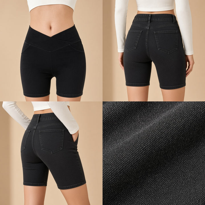 VISSONG Women’s Crossover Waist Denim Biker Shorts