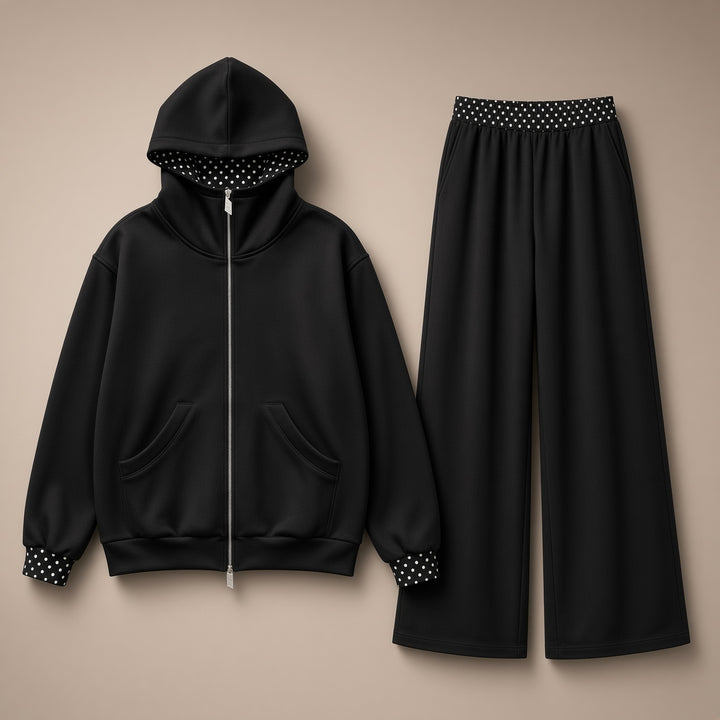 Women’s Polka Dot Trim Zip-Up Hoodie &amp; Wide-Leg Pants Set