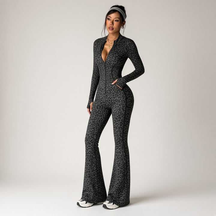Front-Zip Leopard Flared Jumpsuit