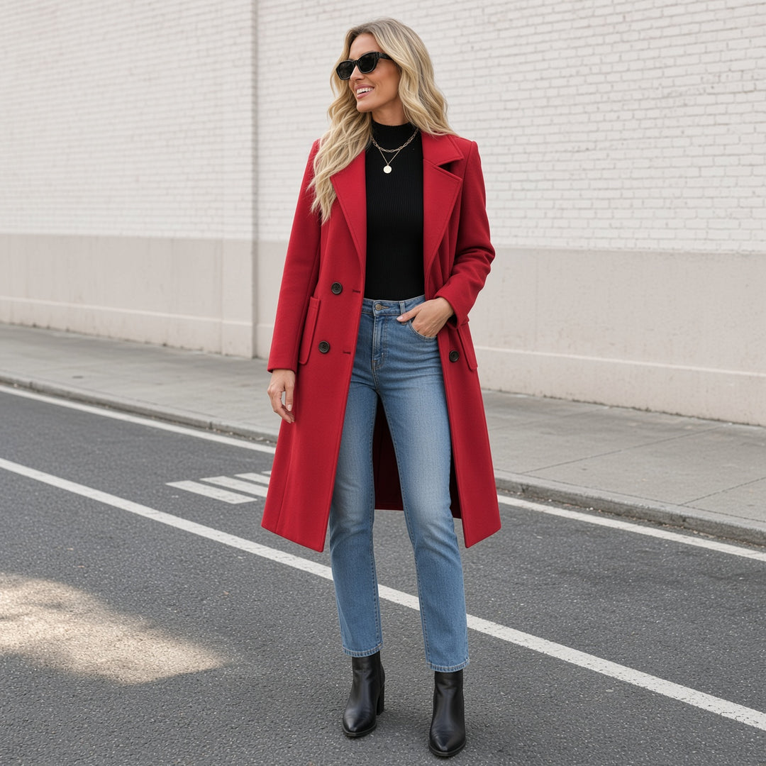 VISSONG Women’s Notched-Lapel Double-Breasted Longline Coat