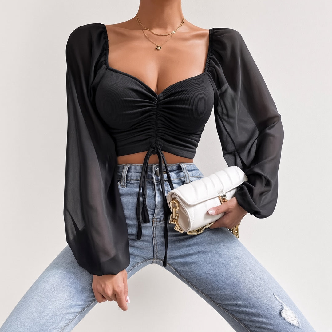 Soft Sheer Puff Sleeve Ruched Crop Top