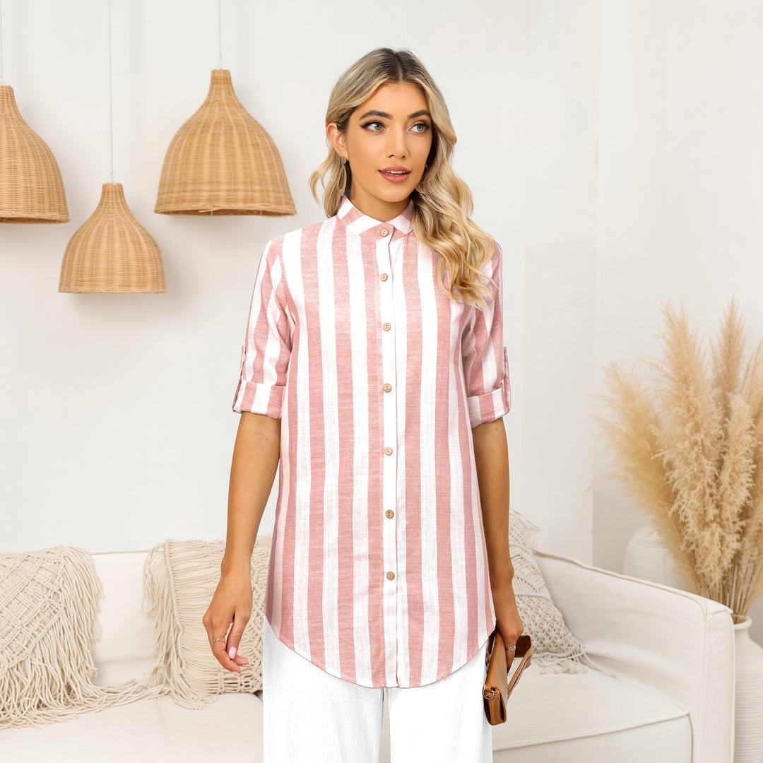 VISSONG Women’s Vertical-Stripe Band-Collar Longline Shirt