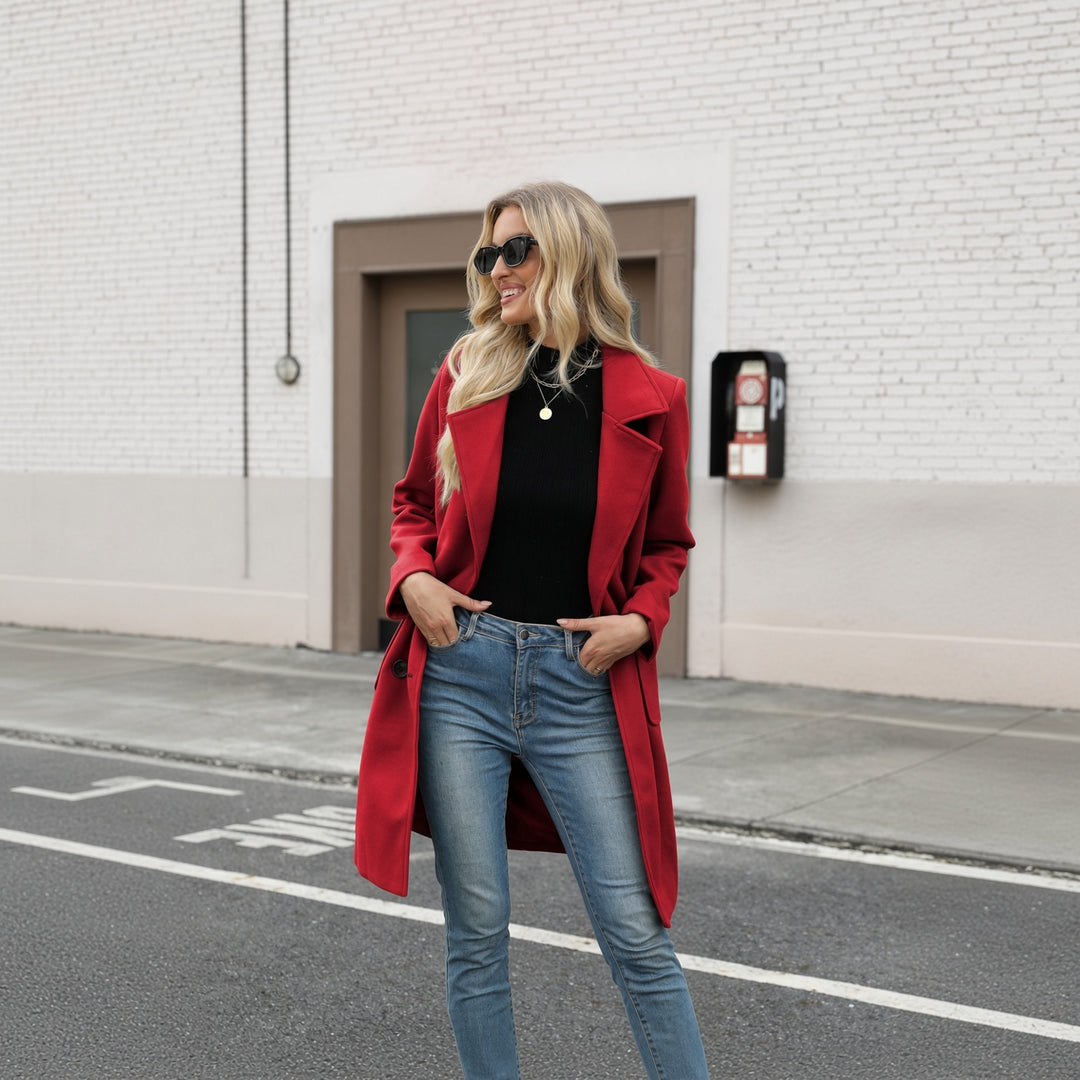 VISSONG Women’s Notched-Lapel Double-Breasted Longline Coat