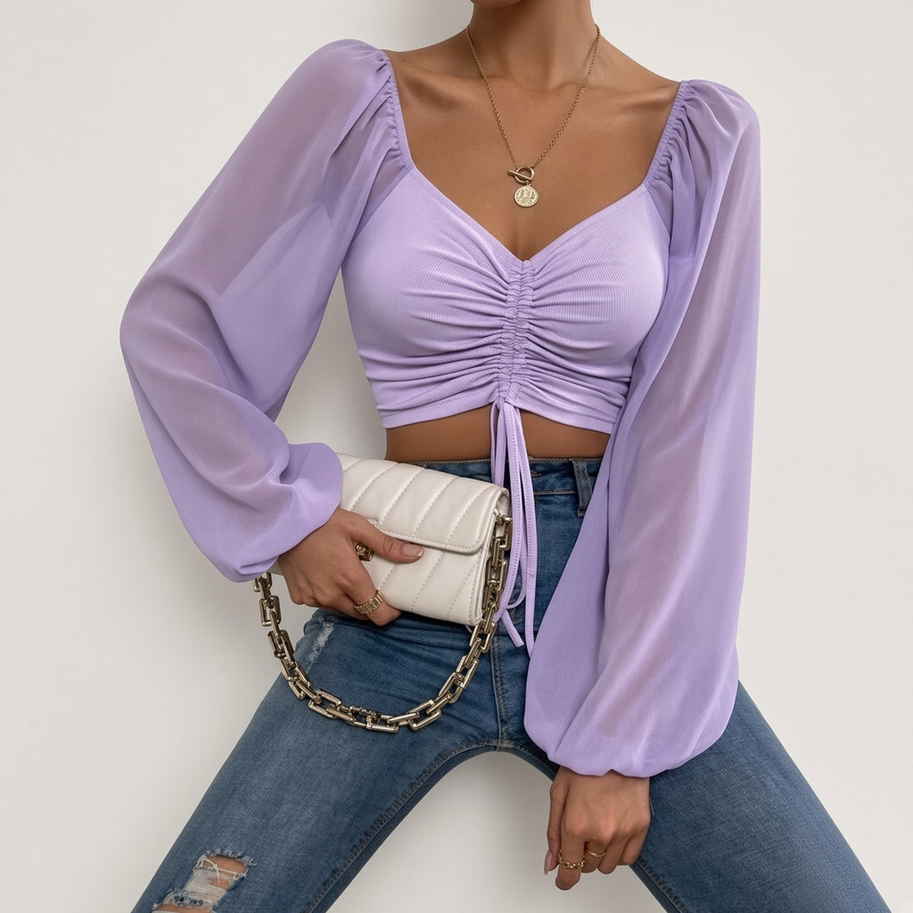 Soft Sheer Puff Sleeve Ruched Crop Top