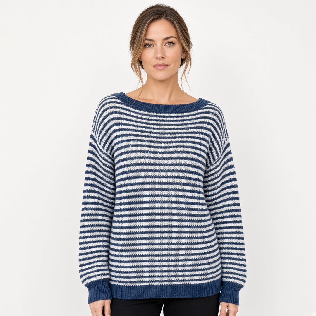 VISSONG Women’s Wide-Neck Fine-Stripe Relaxed Knit Sweater