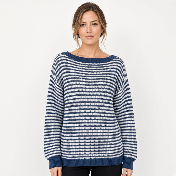 VISSONG Women’s Wide-Neck Fine-Stripe Relaxed Knit Sweater