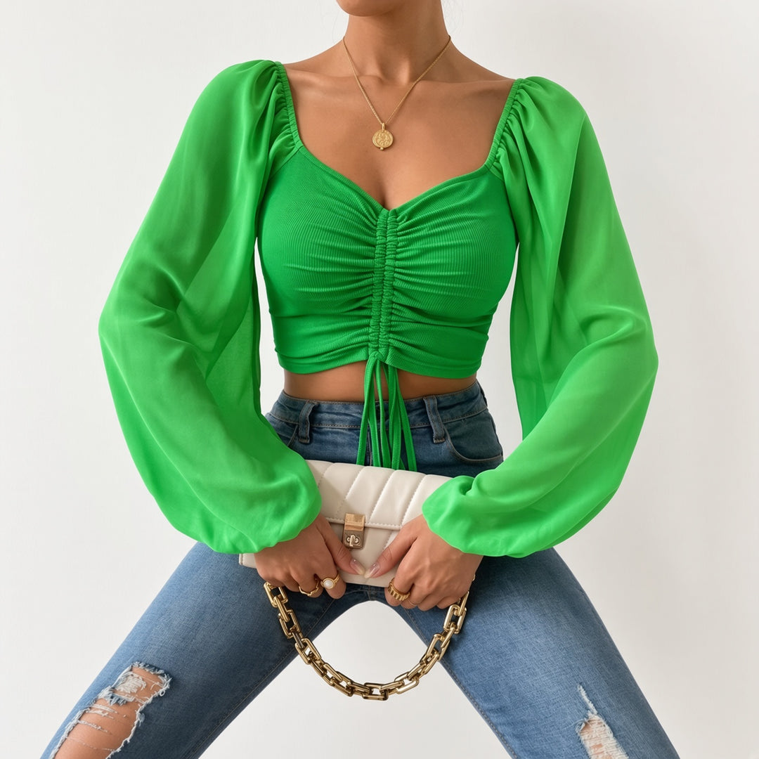 Soft Sheer Puff Sleeve Ruched Crop Top