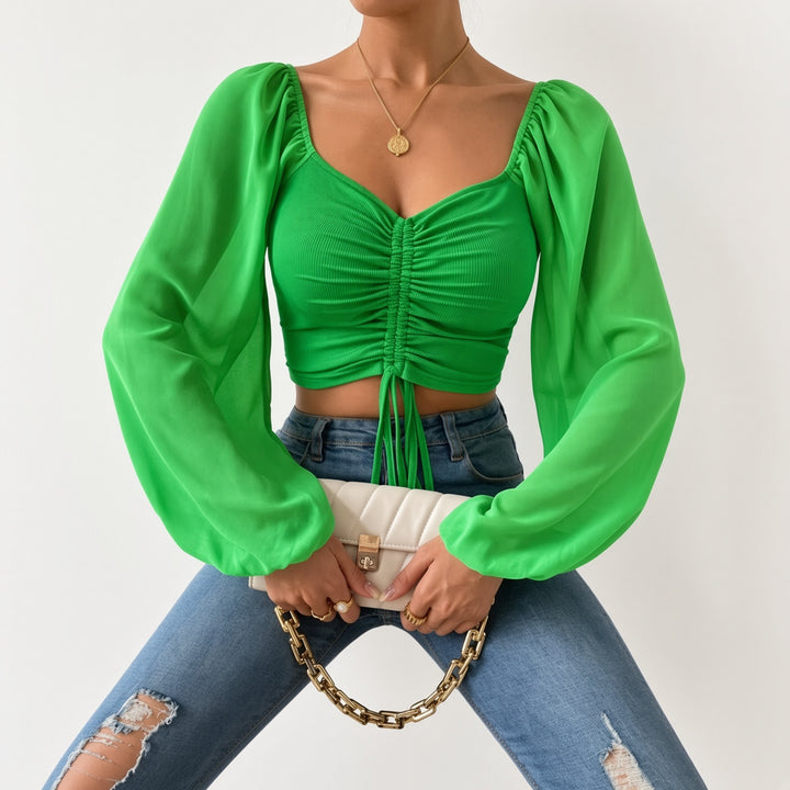 Soft Sheer Puff Sleeve Ruched Crop Top