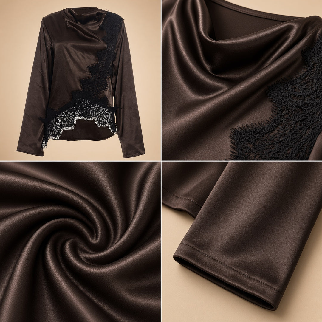 VISSONG Women’s Draped Neck Asymmetrical Lace Top