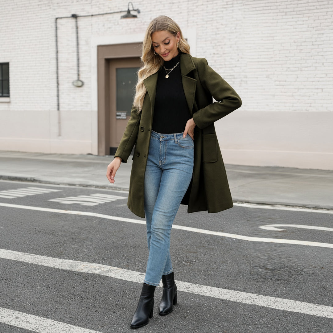 VISSONG Women’s Notched-Lapel Double-Breasted Longline Coat
