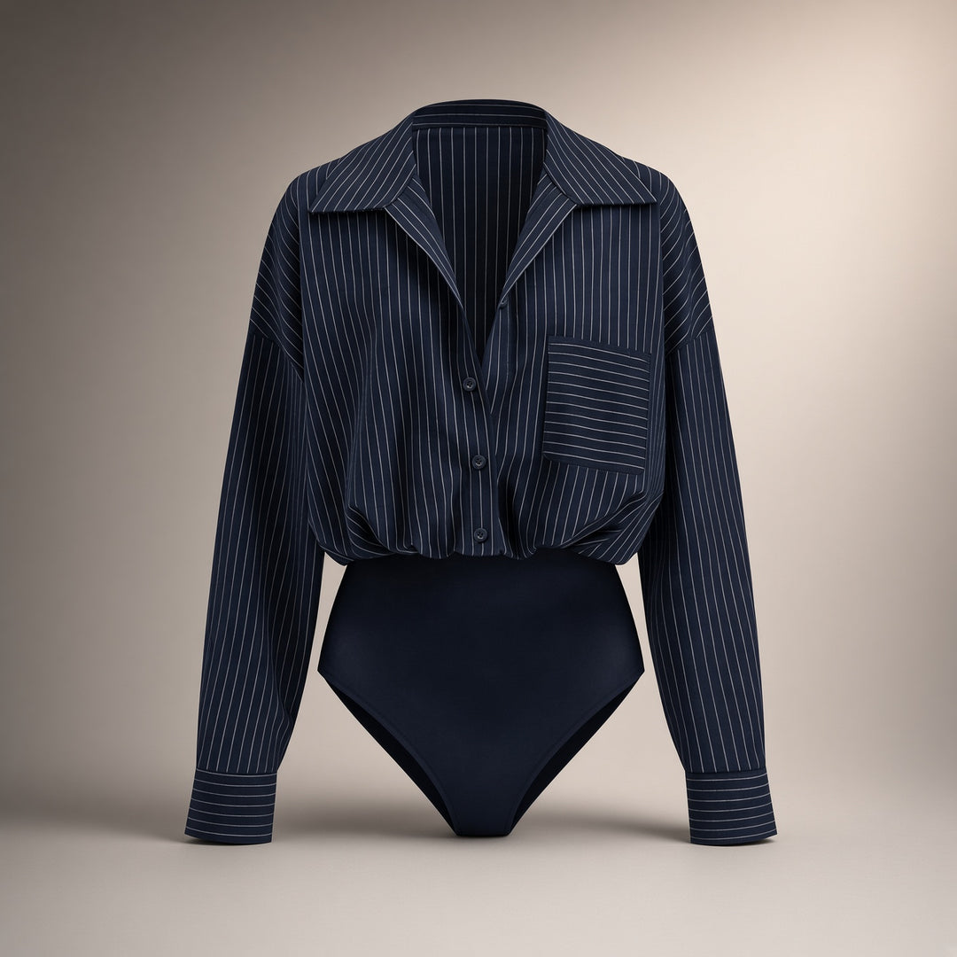 VISSONG Women’s Pinstripe Button-Down Shirt Bodysuit