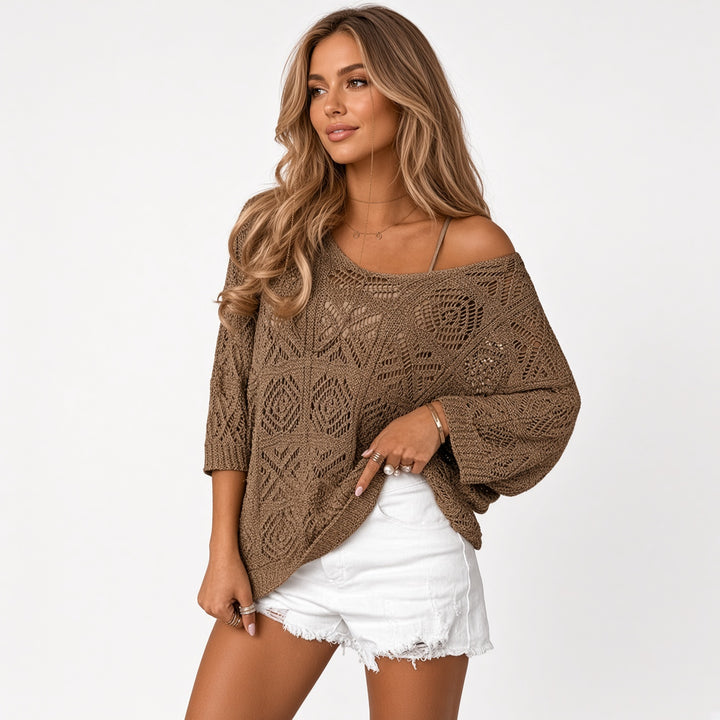 VISSONG Women’s Geometric Pointelle Wide-Neck Knit Top