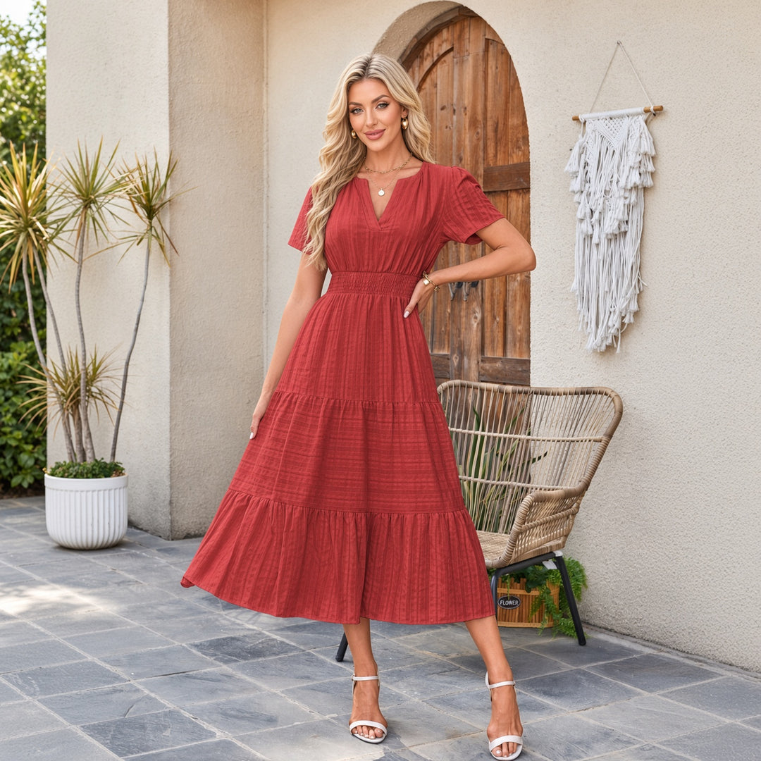 VISSONG Women’s Split-Neck Smocked Waist Tiered Dress