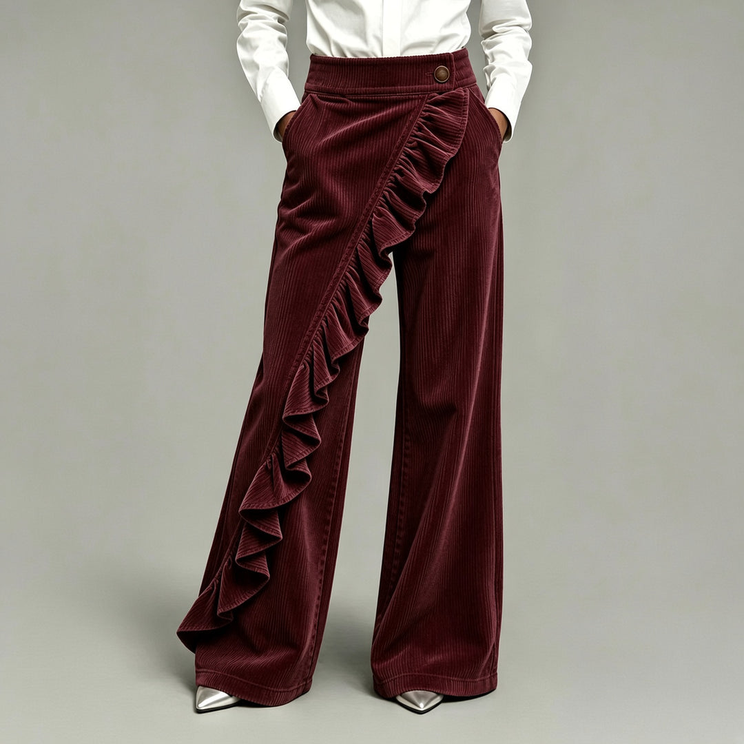 Women’s High-Waisted Ruffle-Overlay Corduroy Wide-Leg Pants