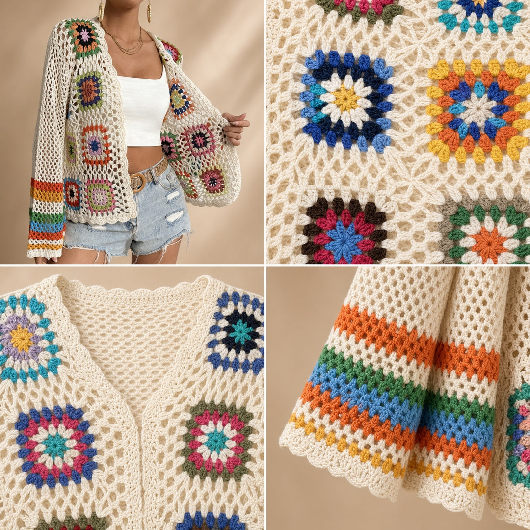 VISSONG Colorful Granny Square Crochet Cardigan