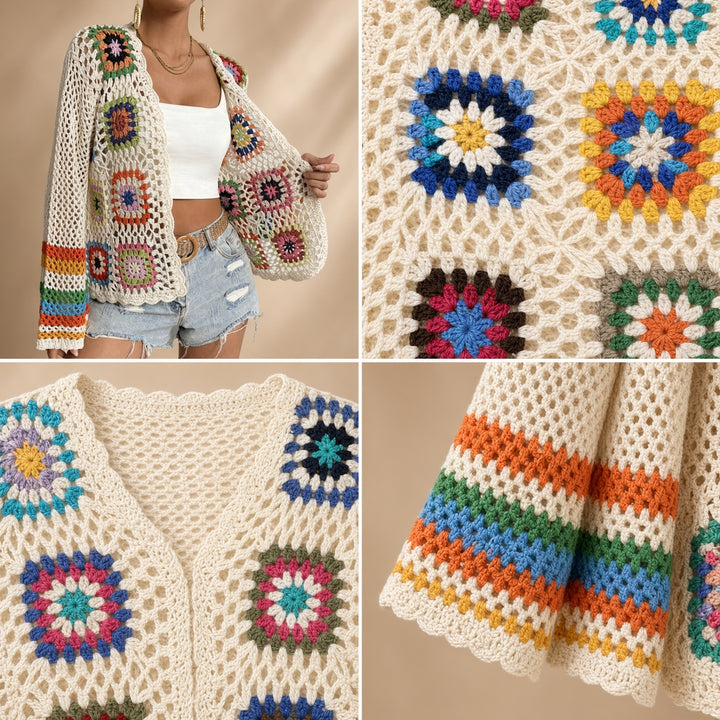 VISSONG Colorful Granny Square Crochet Cardigan
