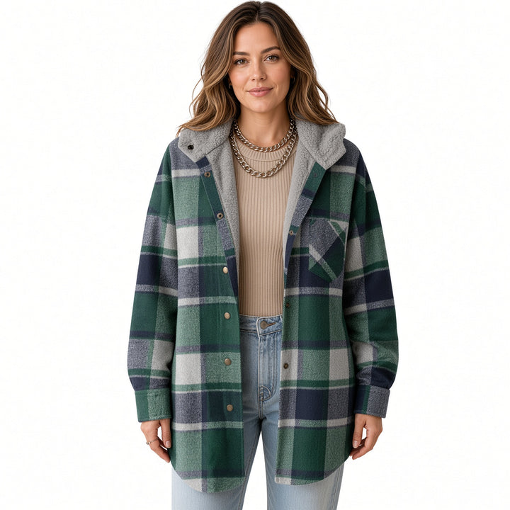 VISSONG Women’s Plush-Hood Plaid Snap-Front Shacket