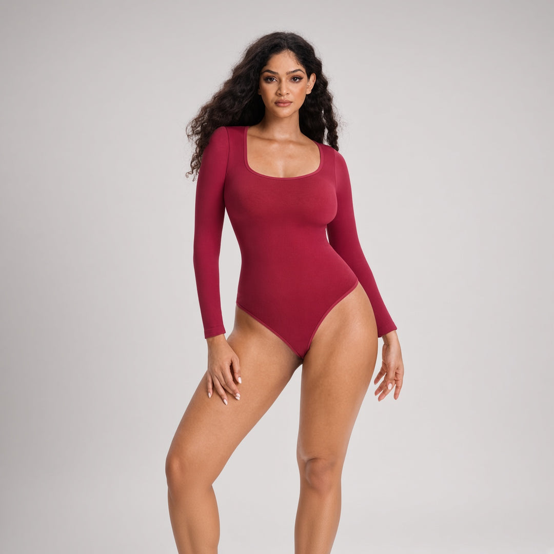 VISSONG Women’s Square-Neck Long-Sleeve Fitted Bodysuit