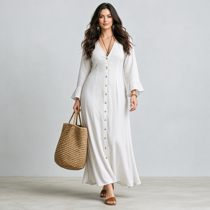 VISSONG Women’s V-Neck Button-Front Flounce-Cuff Maxi Dress