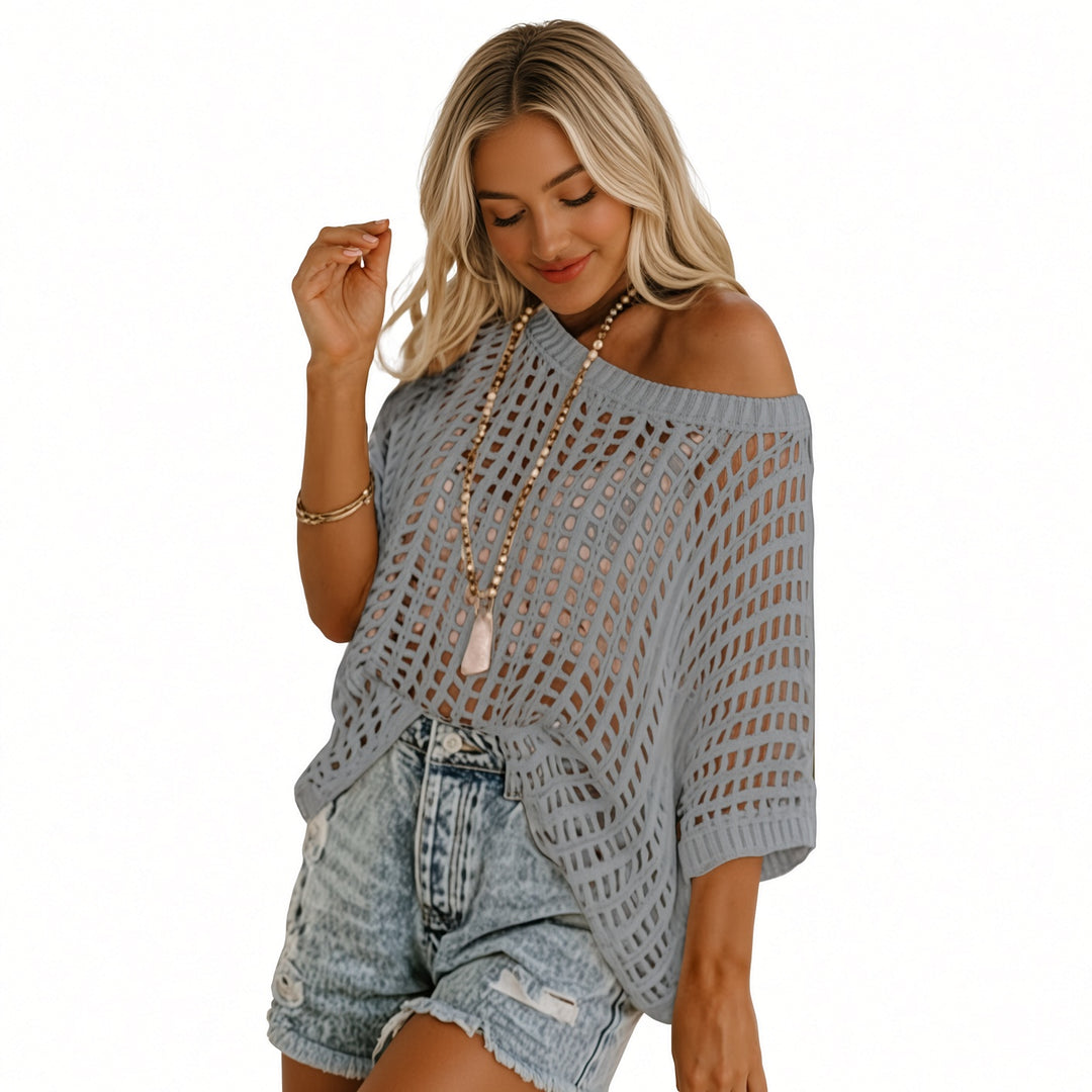 VISSONG Women’s Wide-Neck Openwork Batwing Knit Top