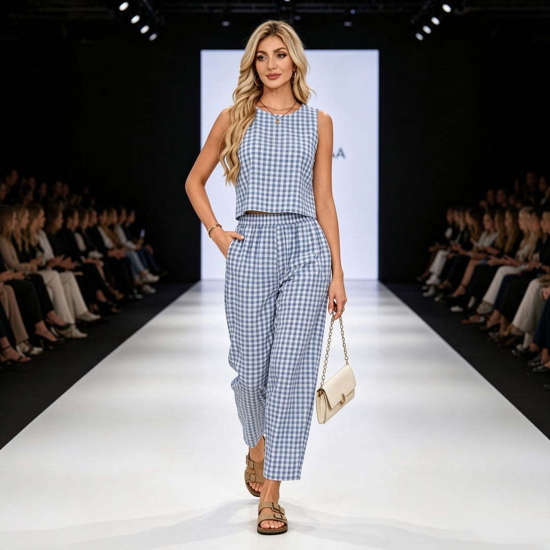 Gingham Sleeveless Top &amp; Relaxed Pants Set