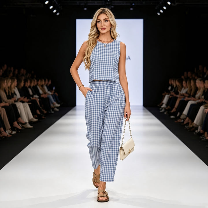 Gingham Sleeveless Top &amp; Relaxed Pants Set