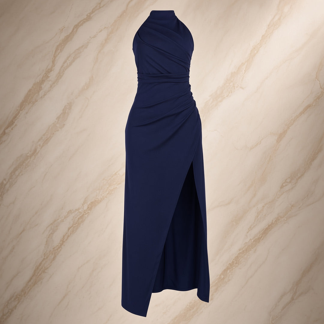Women’s High-Neck Halter Ruched High-Slit Maxi Dress
