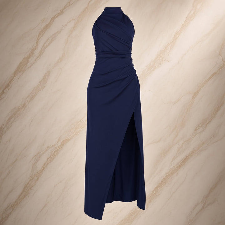 Women’s High-Neck Halter Ruched High-Slit Maxi Dress