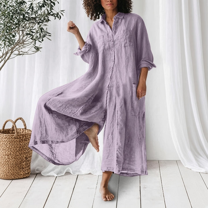 Women’s Cotton-Linen Button-Front Pocket Maxi Shirt Dress
